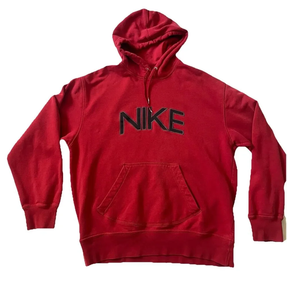VTG Nike Hoodie Mens XL Spellout Sweatshirt Embroidered Y2K Silver Gray Tag Red